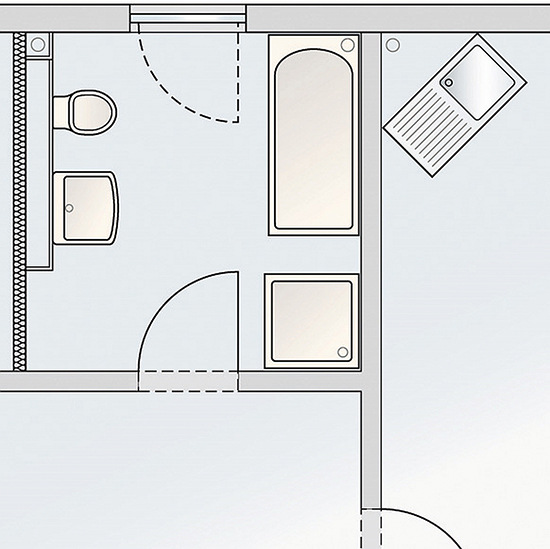 Bild 1:Typischer Grundriss im Mehrfamilienhaus, Bad mit angrenzender Küche. Direkt neben dem WC als Hauptverbraucher liegt der Versorgungsschacht