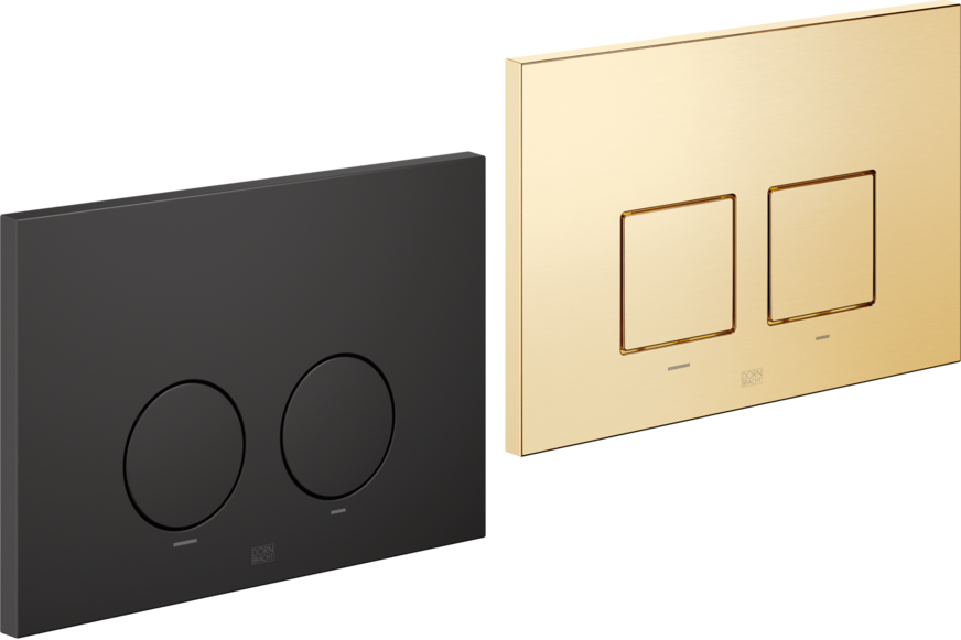 Links WC-Betätigungsplatte mit runden Tasten in Schwarz matt, rechts mit eckigen Tasten in Gold (23kt).