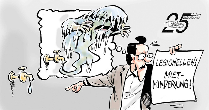 Alt-Text: „Illustration eines Installateurs in Arbeitskleidung, der besorgt auf ein Plakat mit der Aufschrift ‚Mietminderung‘ schaut, während aus einem Wasserhahn eine geisterhafte Gestalt aus Dampf auftaucht – Symbol für Herausforderungen durch Installationsprobleme im SHK-Handwerk. - © Bild: Tomicek/LBS