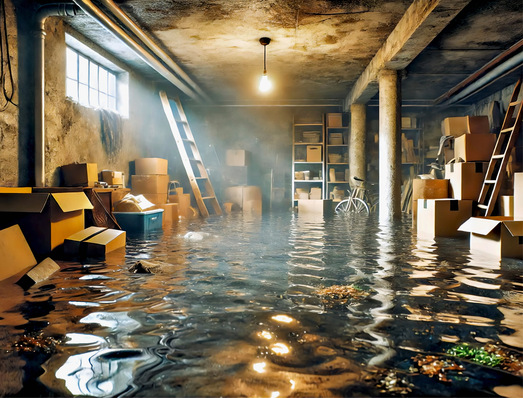 © Bild: DALL·E/Held/SBZ Monteur Spätestens, wenn so ein Keller geflutet wurde, denkt man über einen möglichen Schutz vor Rückstau nach.