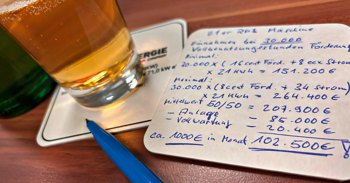 © Bild: RMB/ENERGIE GmbH, Saterland Eine überschlägige Bierdeckelrechnung skizziert den Einnahme-Überschuss eines neoTower BHKW über die Laufzeit von zehn Jahren.