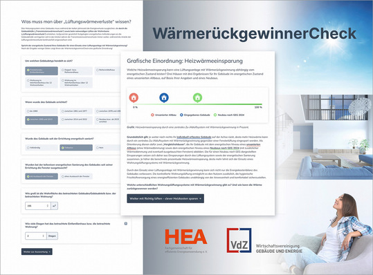 Ein digitaler Flyer für einen Wärmerückgewinnungscheck mit Formularen, Tabellen und einem modernen Wohnzimmer mit einer Frau, die nach oben schaut. - © Bild: Studio Harmony - stock.adobe.com
