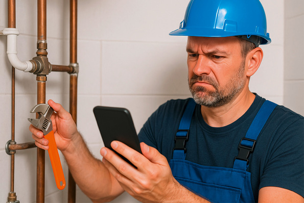 Klempner in blauem Overall und Schutzhelm schaut auf das Telefon, während er einen Schraubenschlüssel in der Nähe von Wasserrohren hält. - © Bild: ChatGPT/vO/SBZ Monteur