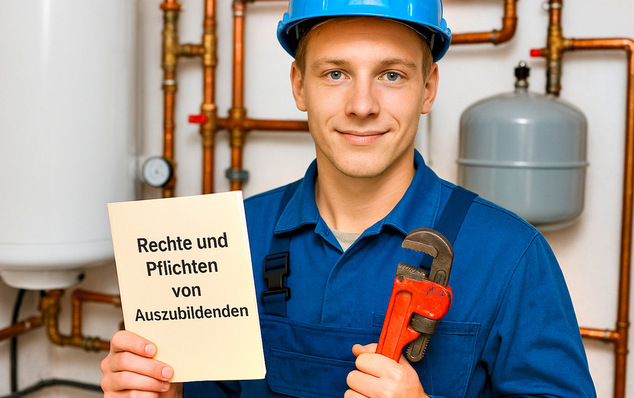 Junger Mann in blauer Arbeitskleidung und Helm hält einen Schraubenschlüssel und eine Broschüre mit dem Titel "Rechte und Pflichten von Auszubildenden". - © Bild: ChatGPT/vO/SBZ Monteur