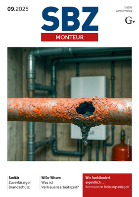 Ein rostiges Rohr mit einem großen Loch; im Hintergrund sind Sanitäranlagen und ein Warmwasserbereiter in einem Hauswirtschaftsraum zu sehen.